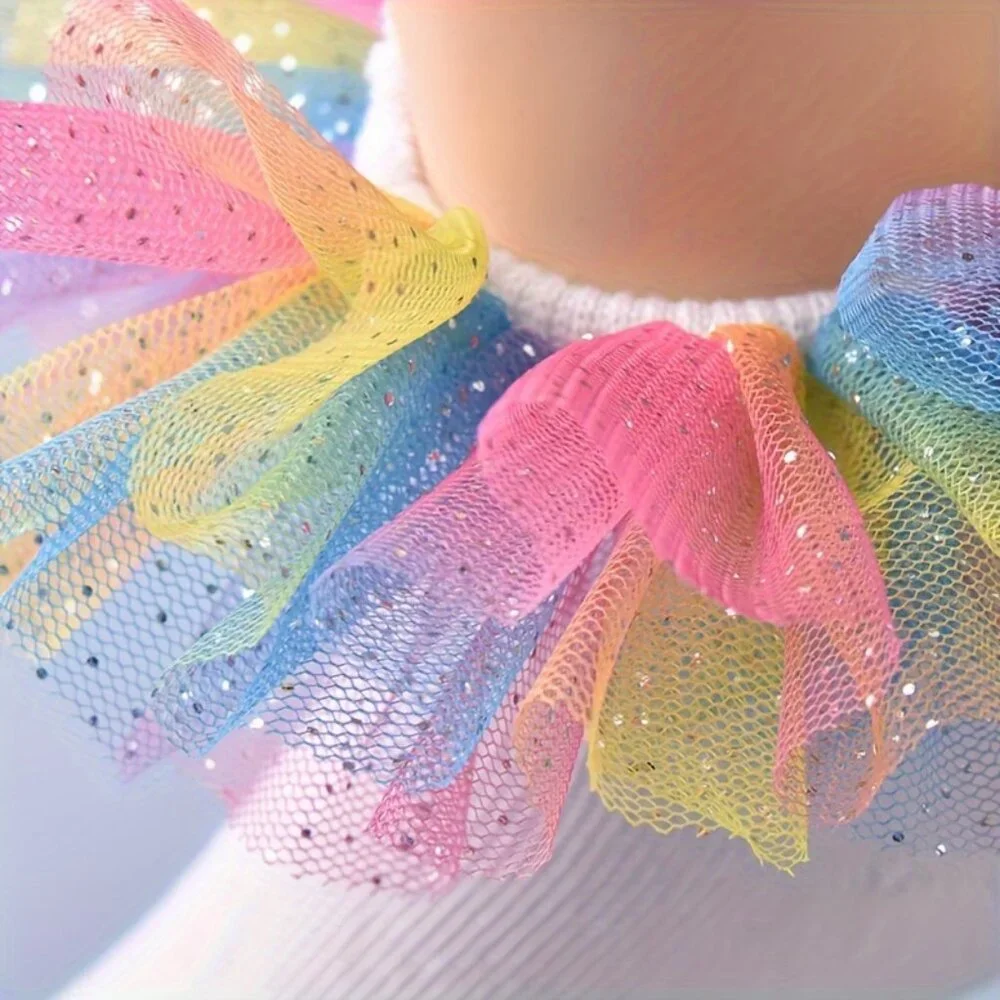 2/$12 Girls Rainbow Tulle Ruffle Socks | White Sparkle Ankle Socks